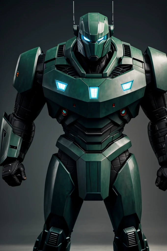 Transformer tank type man character, mostly dark green with dark gray details, blue eyes 