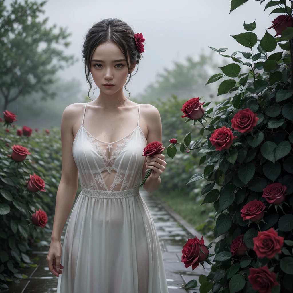 I want an image of a rose with thorns and in the background a beautiful summer rain falling