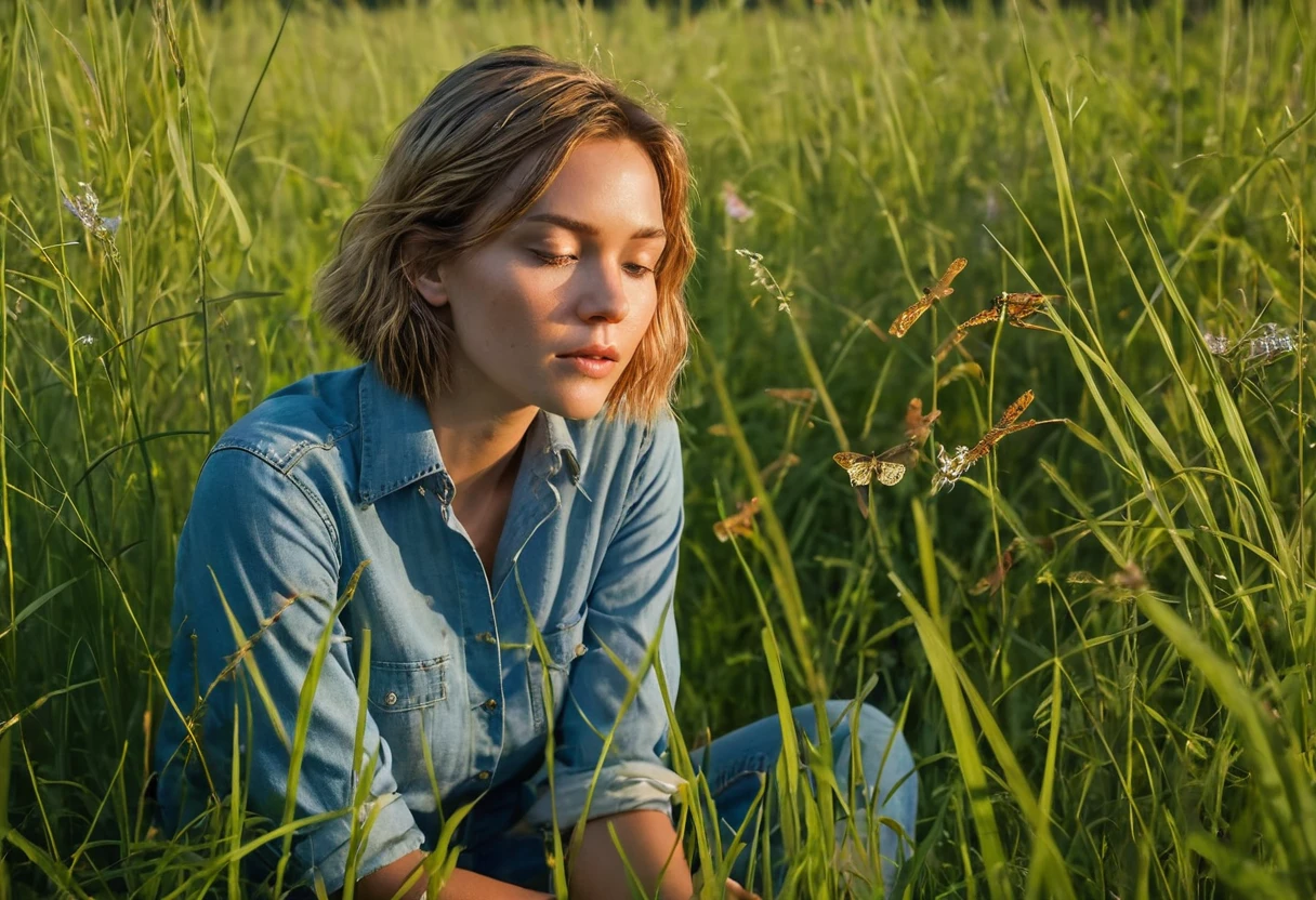 a woman sits in a tall grass meadow, blue grass, dense greenery surrounding her, she's hidden, camouflaged, grown past her waist, tall grasses, she sits in the WILD FLOWER meadow, tip of blue sky, warm sunlight edges every grass, glow bugs, lighting bugs, early evening summer, warm and hot air, her hair merges into the light, the jeans comforting, the slush amber shirt, pristine collar, styled, she dreamy of one, she's part of meadow entering into the multi dimensional she's following a creature in the grass, watching it, following it home, dragonfly and insects patient, stuttering, collared and gaming