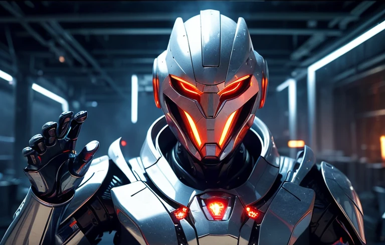 The robot uses laser fire at the viewer, A robot has the palm of its hand showing the viewer, setting frozen planet blizzard