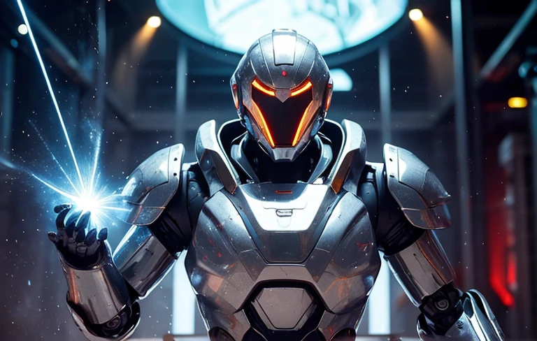 The robot uses laser fire at the viewer, A robot has the palm of its hand showing the viewer, setting frozen planet blizzard