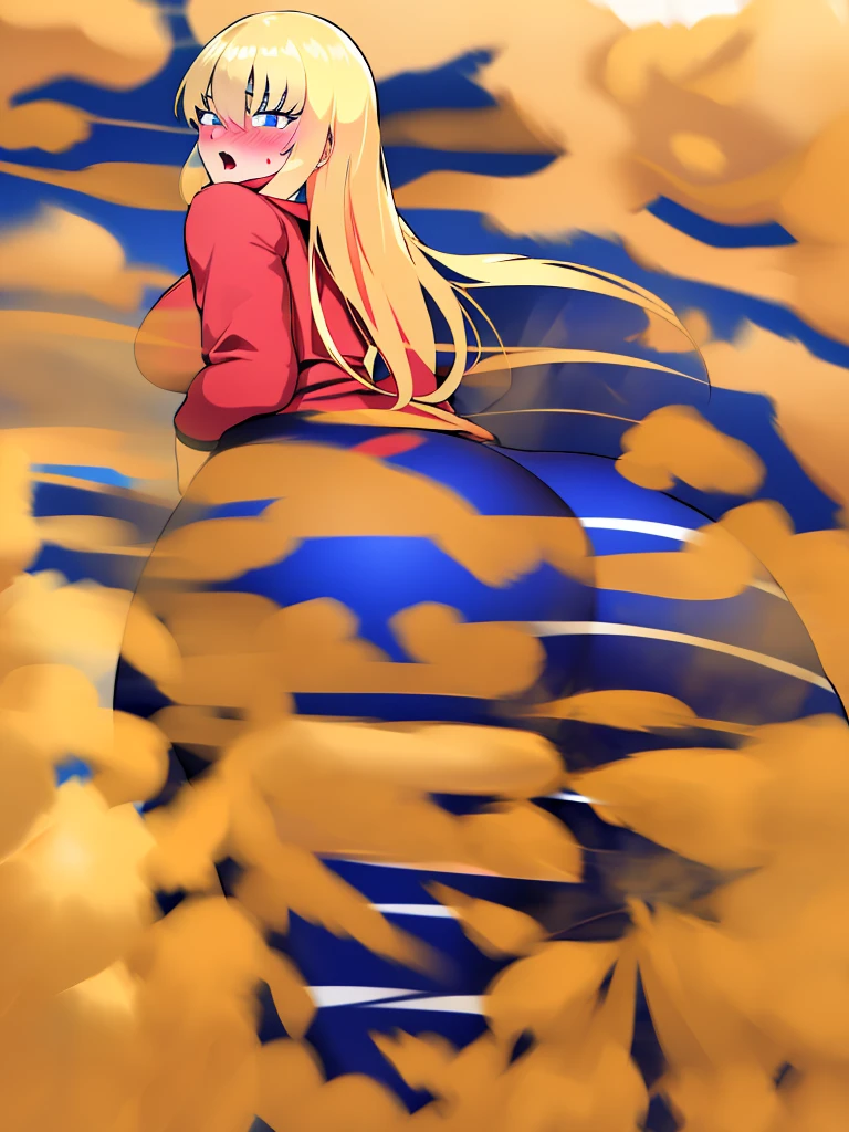 ((best quality)), ((highly detailed)), absurdres, (detailed eyes, deep eyes), (1girl), dynamic pose, very long hair, large breasts, surprised, blushing, showing butt to viewer, (outside) bbcchan