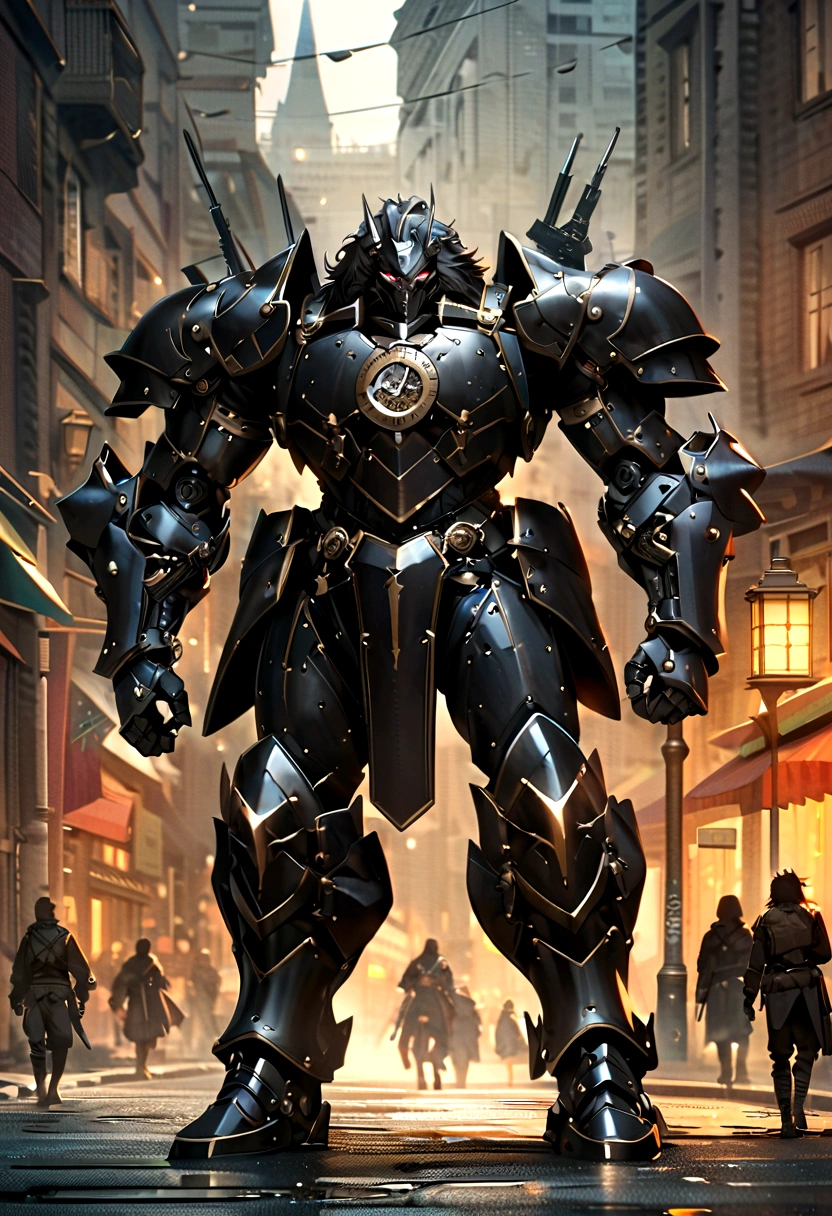 Lion Knight wearing combat uniform, on the street, black armor, Clock designs, Black Lion Man, Black Color armor