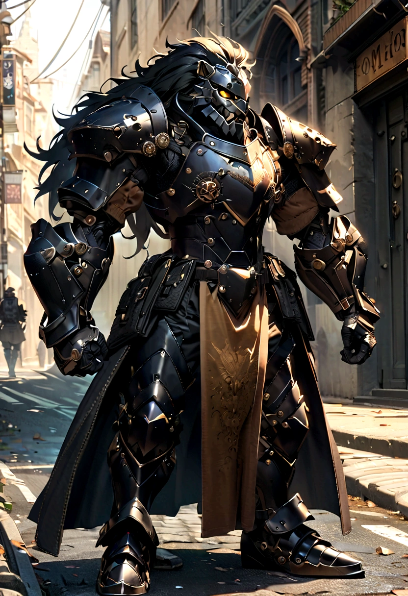 Lion Knight wearing combat uniform, on the street, black armor, Clock designs, Black Lion Man, Black Color armor