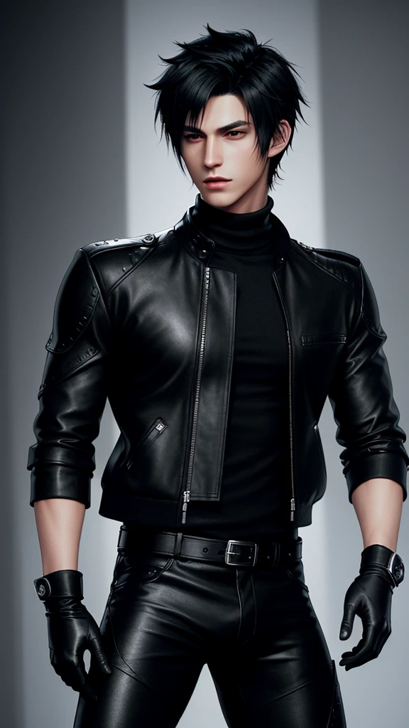 Final fantasy taste and reality graphics, Japanese young cute and cool ikemen boy, his age is early 20s, thin eyebrows and beady eyes, he wearing off black color leather thick singlebrest biker jacket, with epaulet, must close the front of the leather jacket, jacket is biker style, jacket is voluminous, , jacket collar is high length stand-up collar with belts, jacket is a little black line pattern,close the front of the jacket, also wearing black thick turtleneck lackluster shirts, tight black leather pants, shiny black leather tight and thin glove, black leather knee-high raceup boots,must views head-to-toe,must views whole body, boy looks like fashion model,Do not show skin from the neck down,leather jacket leather glove and leather pants have few wrinkles,boy in the room,