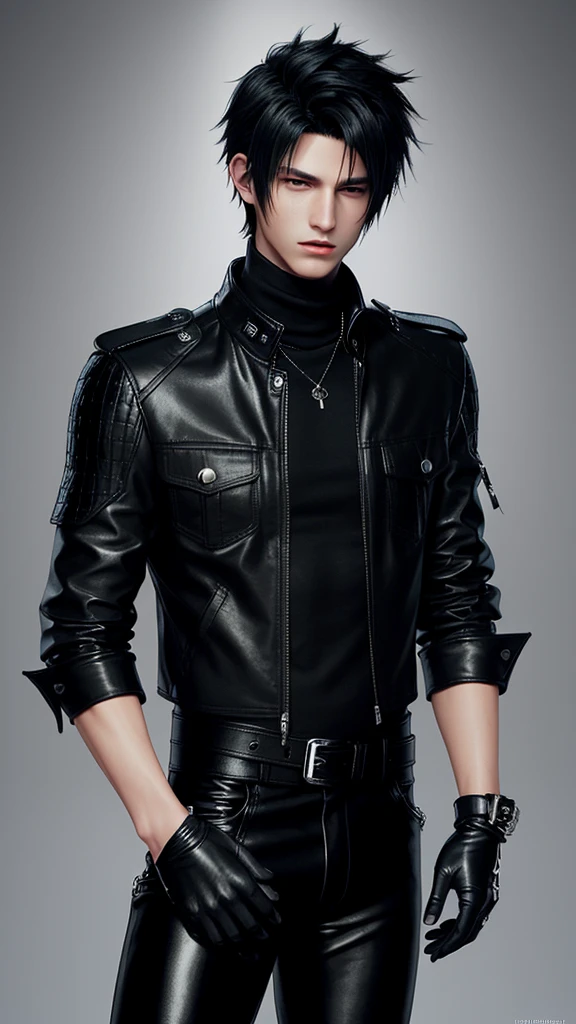Final fantasy taste and reality graphics, Japanese young cute and cool ikemen  boy, his age is early 20s, thin eyebrows and beady eyes,  he wearing off black color leather thick singlebrest biker jacket, with epaulet,  must close the front of the leather jacket, jacket is biker style, jacket is voluminous, , jacket collar is high length stand-up collar with belts, jacket is a little black line pattern,close the front of the jacket, also wearing black thick turtleneck lackluster shirts,  tight black leather pants, shiny black leather tight and thin glove, black leather knee-high raceup boots,must views  head-to-toe,must views whole body, boy looks like fashion model,Do not show skin from the neck down,leather jacket leather glove and leather pants have few wrinkles,boy in the room,