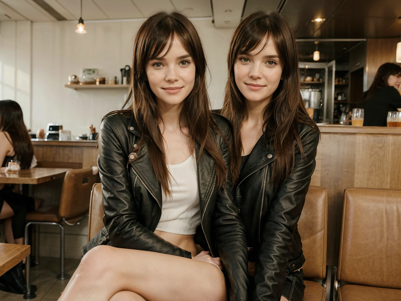 1girl, One Very thin skinny tall pretty skinny zoey deutch, 39 years old, mid long hair, bangs, fringe hair, chatain hair ,bangs hair falling over the forehead, heavy bangs, mid-long hair, sitting in cafe in sydney in front of the sydney opera house, smiling, sexy pretty smile, leather jacket, big , hand in pussy