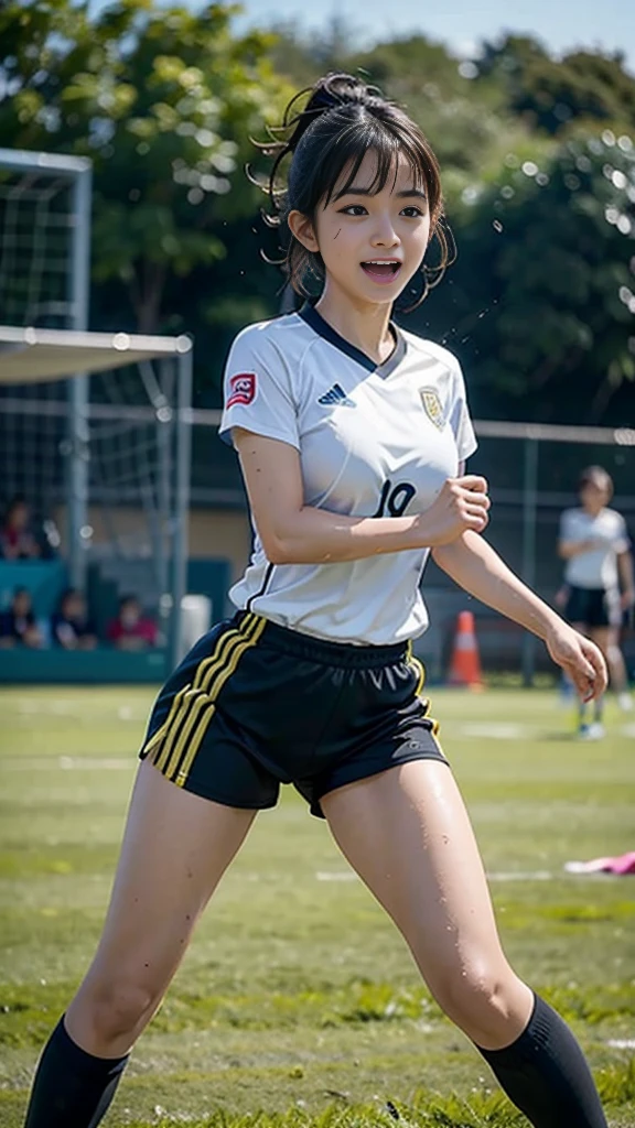 Highest quality, High resolution:1.2, Super detailed, Realistic:1.3, ((Beautiful woman))、Ultra tight uniform、Big Breasts、Vibrant colors, play soccer,((blunt bangs))、Has bangs、Wet Hair, Concentration, Splash, Action Shots, Grass blotches, Muddy ground, Wet turf, Decide, Fast-paced games, Athletic physique, Shiny soccer ball, Wet Uniform, raindrop, Blurred motion, Focus on the ball, Intense competition, Skillful dribbling, Energetic play, Teamwork, powerful shoots, Wet pitch, Passionate sports, Fierce Decide, Humid atmosphere, Fluid movement, emotional expression, Difficult conditions, Dramatic lighting, Women's Sports, Avid athletes, Exciting Games, endure, Excited state, Speed and agility, Energetic play, 濡れたSplash、smile、