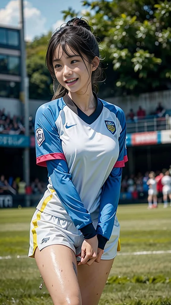 Highest quality, High resolution:1.2, Super detailed, Realistic:1.3, ((Beautiful woman))、Ultra tight uniform、Big Breasts、Vibrant colors, play soccer,((blunt bangs))、Has bangs、Wet Hair, Concentration, Splash, Action Shots, Grass blotches, Muddy ground, Wet turf, Decide, Fast-paced games, Athletic physique, Shiny soccer ball, Wet Uniform, raindrop, Blurred motion, Focus on the ball, Intense competition, Skillful dribbling, Energetic play, Teamwork, powerful shoots, Wet pitch, Passionate sports, Fierce Decide, Humid atmosphere, Fluid movement, emotional expression, Difficult conditions, Dramatic lighting, Women's Sports, Avid athletes, Exciting Games, endure, Excited state, Speed and agility, Energetic play, 濡れたSplash、smile、