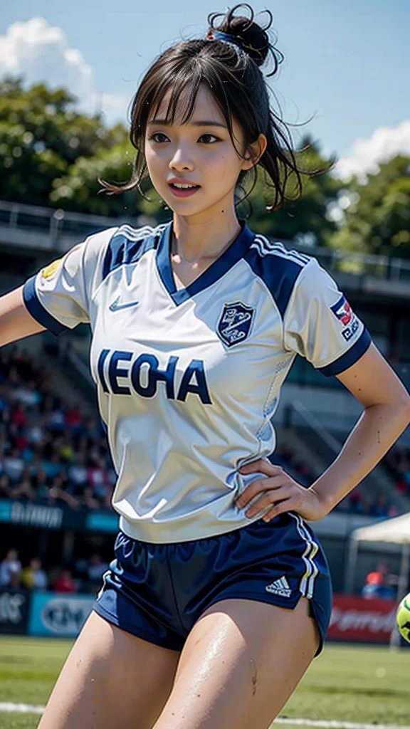 Highest quality, High resolution:1.2, Super detailed, Realistic:1.3, ((Beautiful woman))、Ultra tight uniform、Big Breasts、Vibrant colors, play soccer,((blunt bangs))、Has bangs、Wet Hair, Concentration, Splash, Action Shots, Grass blotches, Muddy ground, Wet turf, Decide, Fast-paced games, Athletic physique, Shiny soccer ball, Wet Uniform, raindrop, Blurred motion, Focus on the ball, Intense competition, Skillful dribbling, Energetic play, Teamwork, powerful shoots, Wet pitch, Passionate sports, Fierce Decide, Humid atmosphere, Fluid movement, emotional expression, Difficult conditions, Dramatic lighting, Women's Sports, Avid athletes, Exciting Games, endure, Excited state, Speed and agility, Energetic play, 濡れたSplash、smile、