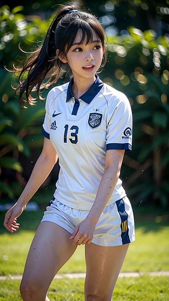 Highest quality, High resolution:1.2, Super detailed, Realistic:1.3, ((Beautiful woman))、Ultra tight uniform、Big Breasts、Vibrant colors, play soccer,((blunt bangs))、Has bangs、Wet Hair, Concentration, Splash, Action Shots, Grass blotches, Muddy ground, Wet turf, Decide, Fast-paced games, Athletic physique, Shiny soccer ball, Wet Uniform, raindrop, Blurred motion, Focus on the ball, Intense competition, Skillful dribbling, Energetic play, Teamwork, powerful shoots, Wet pitch, Passionate sports, Fierce Decide, Humid atmosphere, Fluid movement, emotional expression, Difficult conditions, Dramatic lighting, Women's Sports, Avid athletes, Exciting Games, endure, Excited state, Speed and agility, Energetic play, 濡れたSplash、smile、