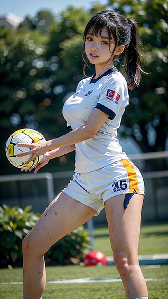 Highest quality, High resolution:1.2, Super detailed, Realistic:1.3, ((Beautiful woman))、((Ultra tight uniform))、Big Breasts、Vibrant colors, play soccer,((blunt bangs))、Has bangs、Wet Hair, Concentration, Splash, Action Shots, Grass blotches, Muddy ground, Wet turf, Decide, Fast-paced games, Athletic physique, Shiny soccer ball, Wet uniform, raindrop, Blurred motion, Focus on the ball, Intense competition, Skillful dribbling, Energetic play, Teamwork, powerful shoots, Wet pitch, Passionate sports, Fierce Decide, Humid atmosphere, Fluid movement, emotional expression、Dramatic lighting, Women's Sports, Avid athletes, Exciting Games, endure, Excited state, Speed and agility, Energetic play, 濡れたSplash、smile、