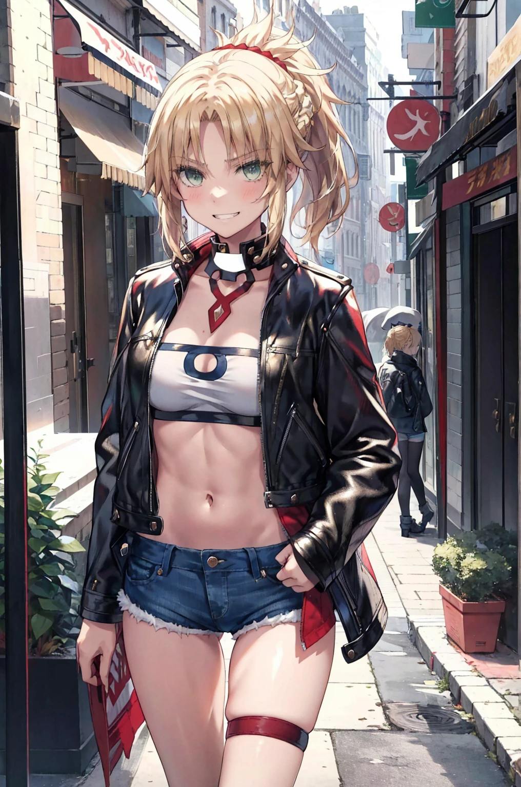 Masterpiece, Best Quality, illustration, city street, 1girl, Mordred \(fate\), cowboy shot, collarbone, Detailed blond hair ponytail braid, green eyes, Red leather jacket, White short blouse, denim shorts,navel,thigh-high,grin, covered_pussy,skiny,long_sword,apart_legs,