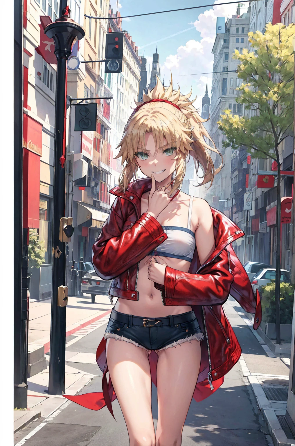 Masterpiece, Best Quality, illustration, city street, 1girl, Mordred \(fate\), cowboy shot, collarbone, Detailed blond hair ponytail braid, green eyes, Red leather jacket, White short blouse, denim shorts,navel,thigh-high,grin, covered_pussy,skiny,long_sword,apart_legs,