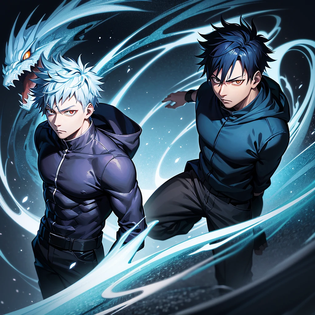 one japanese man, frost blue hair, orange eyes, high res, masterpiece, ultrasharp, jujustu kaisan style, jujutsu kaisen background, with a dragon