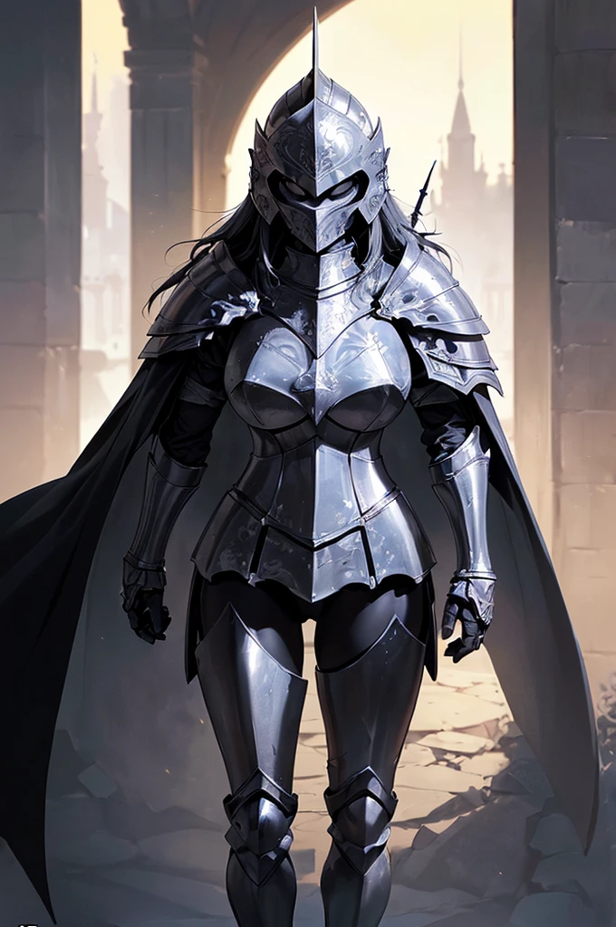 (masterpiece; best quality: 1.2), ((full armored knight woman)), ((solo)), (black eyes: 1.4), (body; toned, strong, tall: 1.3), (beautiful and clear background: 1.2), ((depth of field)), (equipment: full plate all-black dark-damascus realistic armor + closed helmet with plume + black cape: 1.3), (anime illustration: 1.2), (background composition; garden exterior + furniture: 1.1), (extremely fine and beautiful: 1.1), (shot composition; standing + centered on torso + close-up: 1.5)