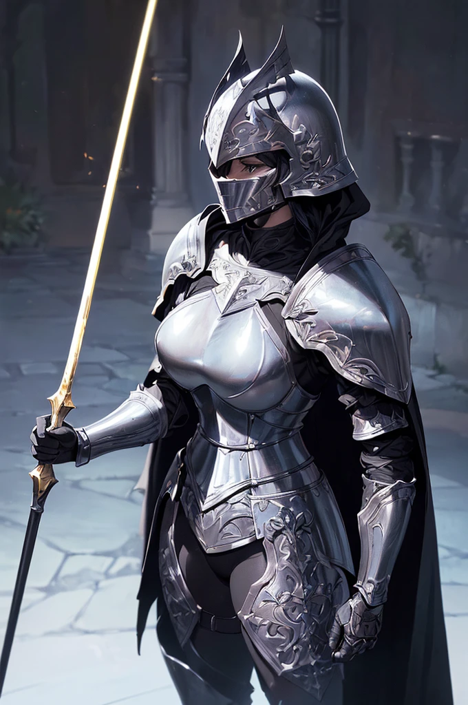 (masterpiece; best quality: 1.2), ((full armored knight woman)), ((solo)), (black eyes: 1.4), (body; toned, strong, tall: 1.3), (beautiful and clear background: 1.2), ((depth of field)), (equipment: full plate all-black dark-damascus realistic armor + closed helmet with plume + black cape: 1.3), (anime illustration: 1.2), (background composition; garden exterior + furniture: 1.1), (extremely fine and beautiful: 1.1), (shot composition; standing + centered on torso + close-up: 1.5)