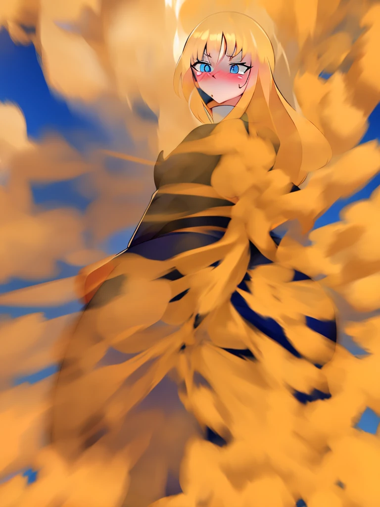 ((best quality)), ((highly detailed)), absurdres, (detailed eyes, deep eyes), (1girl), dynamic pose, large breasts, surprised, blushing, showing butt to viewer, (outside) bbcchan