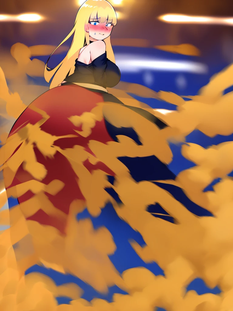 ((best quality)), ((highly detailed)), absurdres, (detailed eyes, deep eyes), (1girl), dynamic pose, large breasts, surprised, blushing, showing butt to viewer, (outside) bbcchan