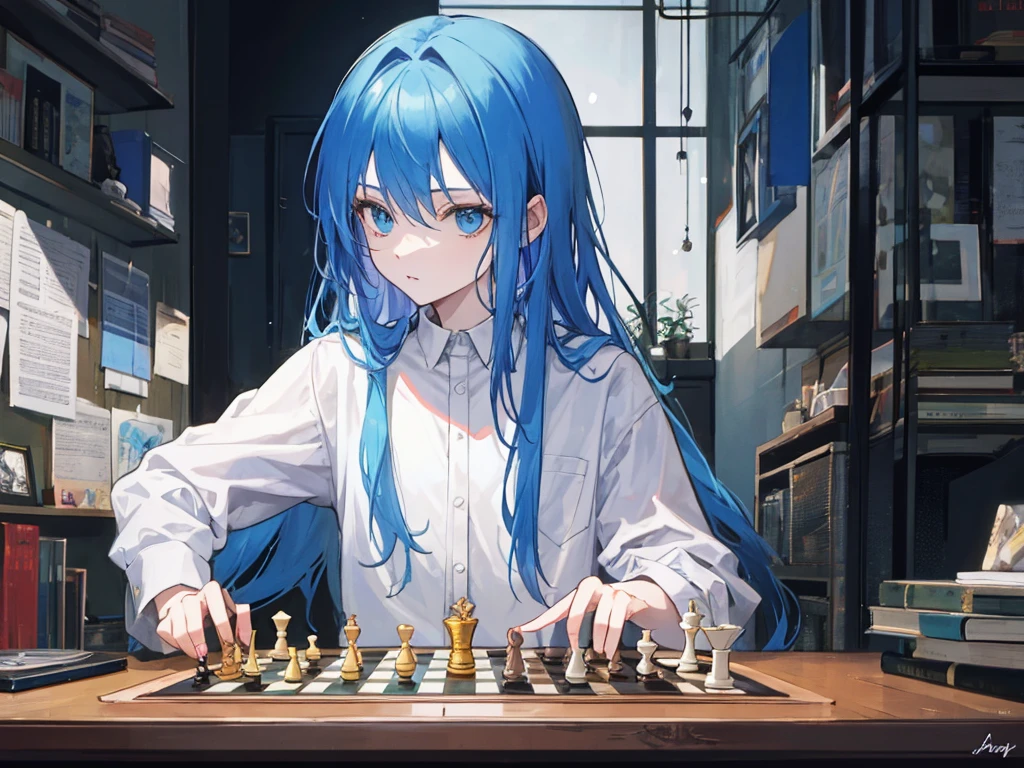 Androgynous man with long blue hair playing chess 30 years old