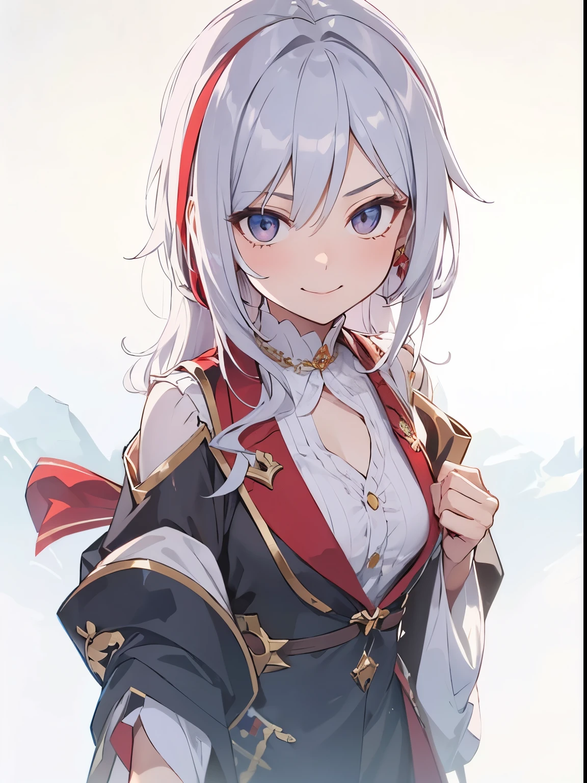 Mina, the great pirate empress who traveled across the galaxy, with her treasure-hungry gestures, silver hair with red slash mesh, and a smirk