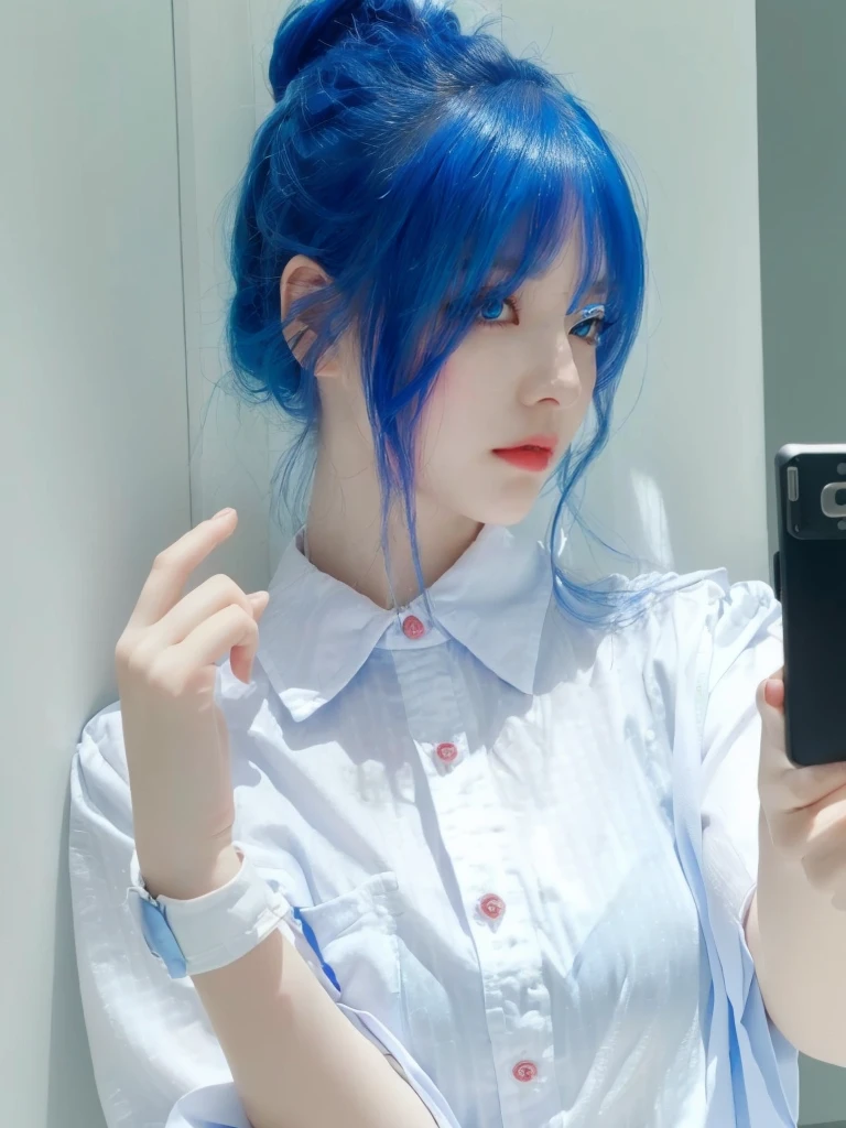 8K high quality,1 woman,Blue Hair:1.5,looking towards camera,The eyes do not change