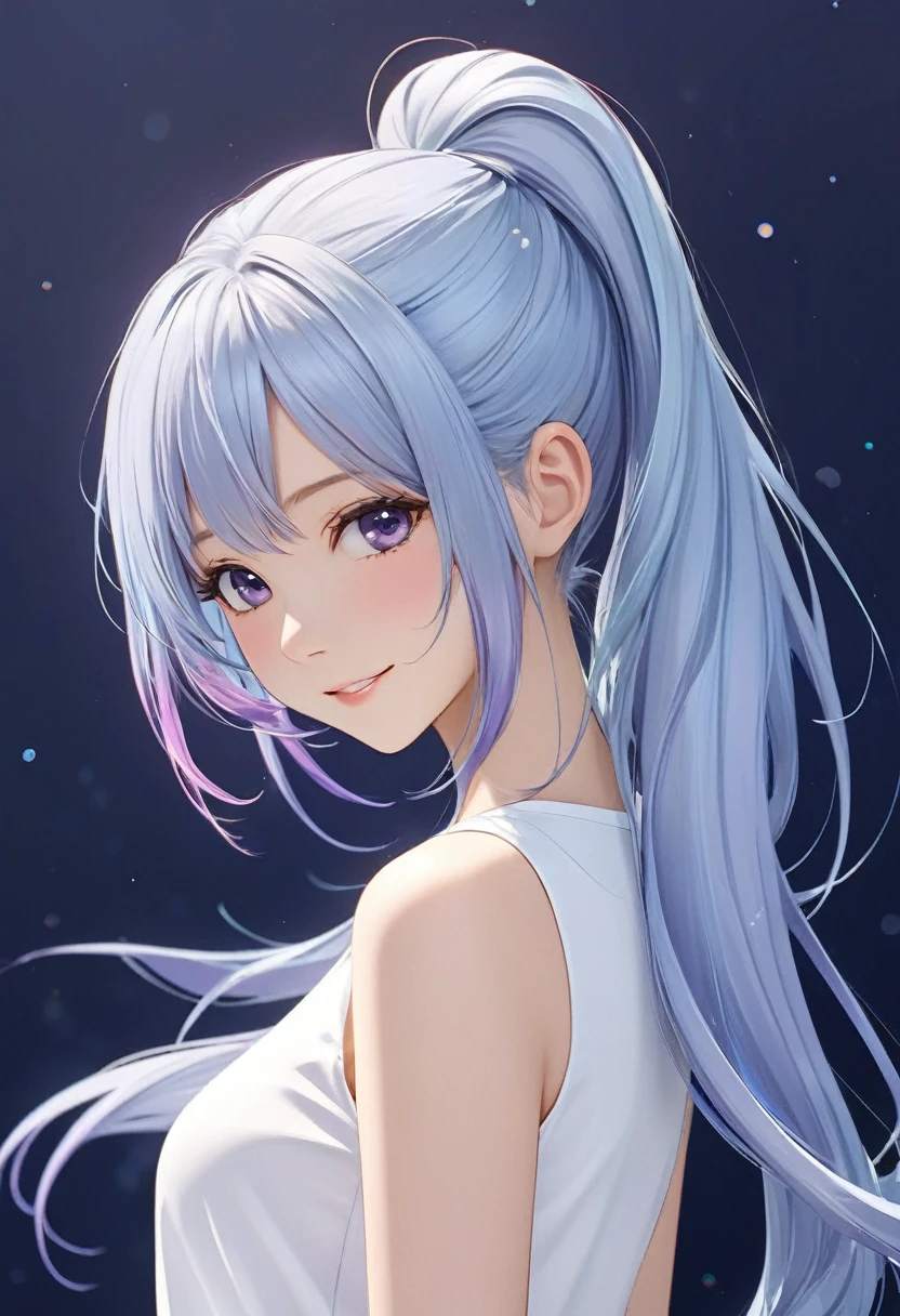Beautiful and beautiful light blue hair with light purple ends. An anime girl with long hair in a double ponytail wearing a white fir shirt and looking back at a happy and lively character standing on a simple abstract dark blue background, close-up( perfect anatomy )
Beautiful and extremely fine texture,detailed, bright, High-quality animation style presentation