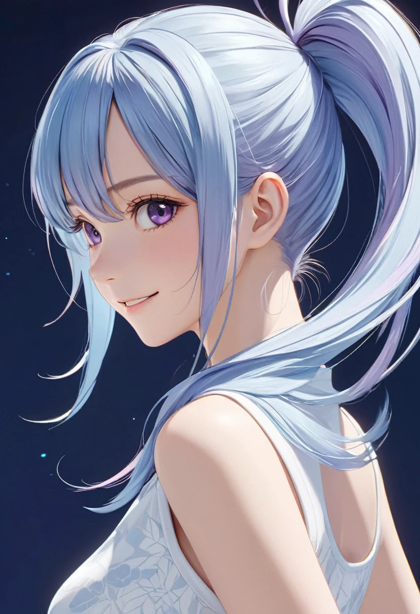 Beautiful and beautiful light blue hair with light purple ends. An anime girl with long hair in a double ponytail wearing a white fir shirt and looking back at a happy and lively character standing on a simple abstract dark blue background, close-up( perfect anatomy )
Beautiful and extremely fine texture,detailed, bright, High-quality animation style presentation