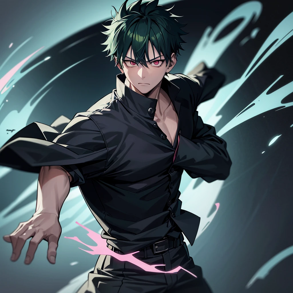 one japanese man, green hair, pink eyes, wearing black clothes, jujutsu kaisen background, high res, ultrasharp, masterpiece, jujutsu kaisen style
