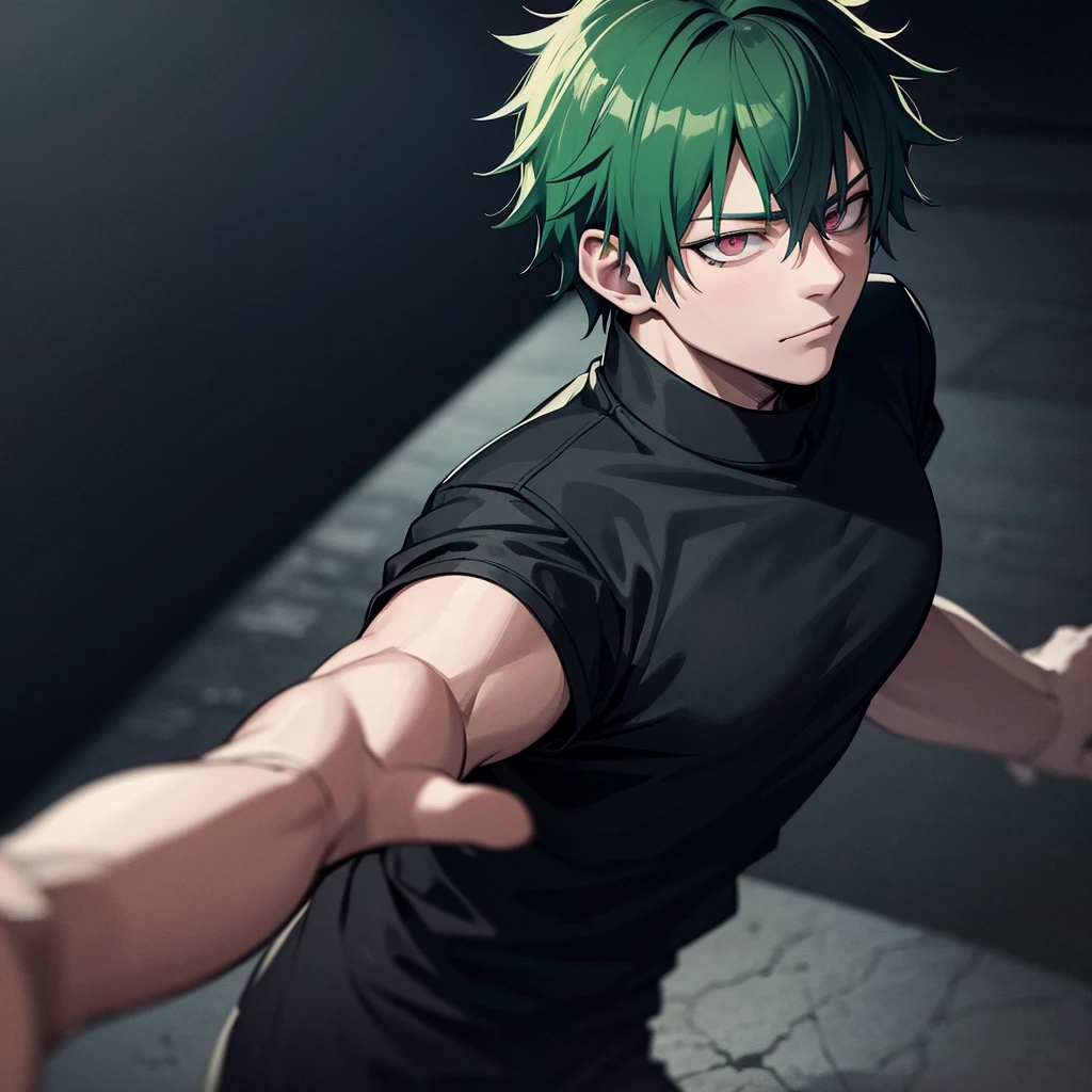 one japanese man, green hair, pink eyes, wearing black clothes, jujutsu kaisen background, high res, ultrasharp, masterpiece, jujutsu kaisen style