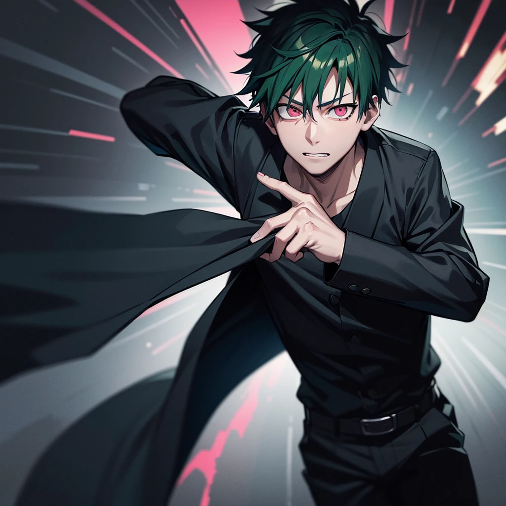 one japanese man, green hair, pink eyes, wearing black clothes, jujutsu kaisen background, high res, ultrasharp, masterpiece, jujutsu kaisen style
