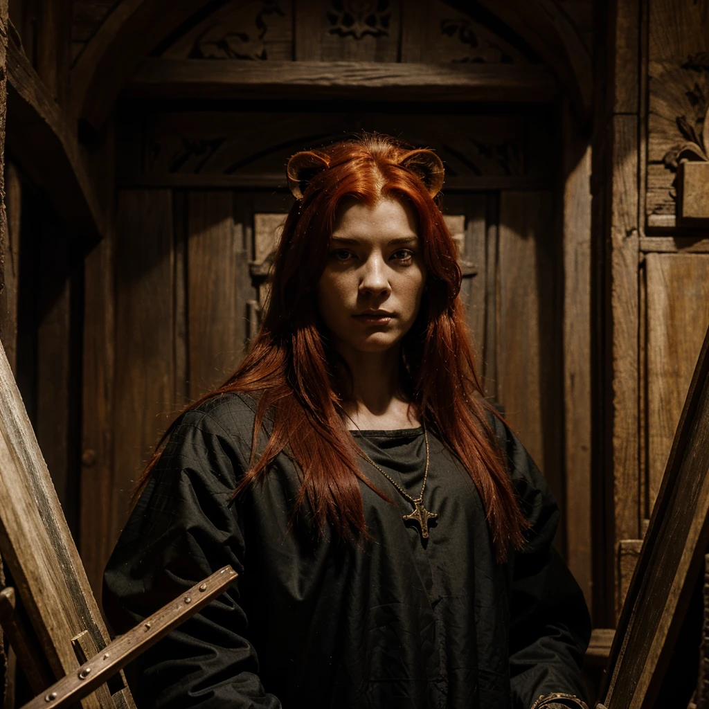 A CLASSIC MEDIEVAL DARK FANTASY PAINTING OF A RED HAIR LION