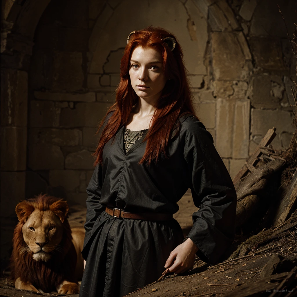 A CLASSIC MEDIEVAL DARK FANTASY PAINTING OF A RED HAIR LION