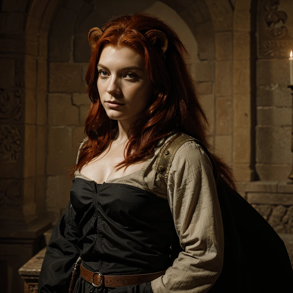 A CLASSIC MEDIEVAL DARK FANTASY PAINTING OF A RED HAIR LION