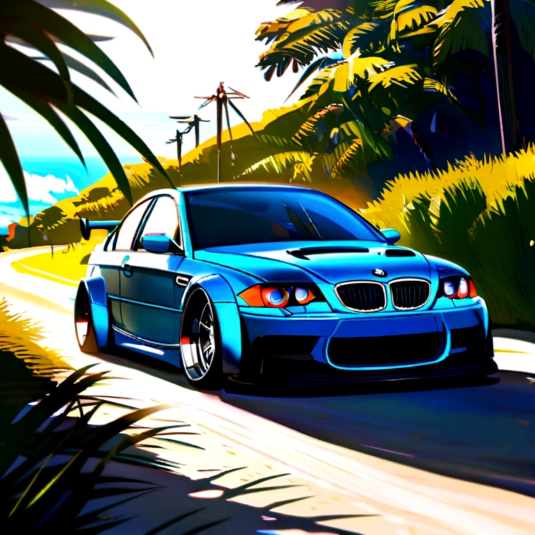 Bmw E46 328i in curacao blue with liberty walk bodykit, riding on beach, in sunshine morning