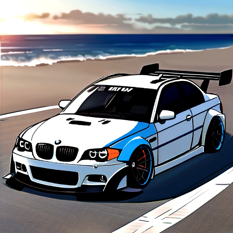 Bmw E46 328i in curacao blue with liberty walk bodykit, riding on beach, in sunshine morning