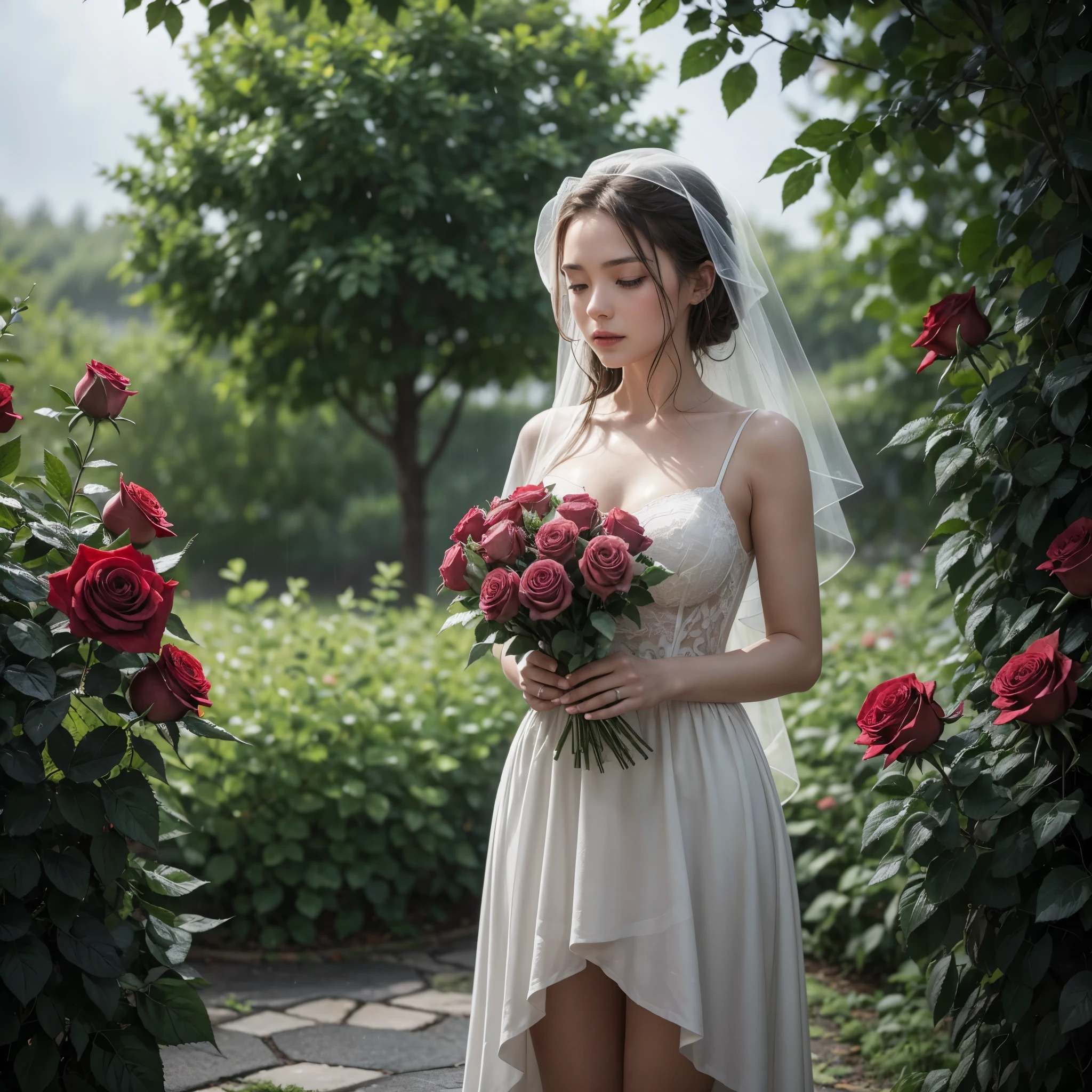 I want an image of a rose with thorns and in the background a beautiful summer rain falling
