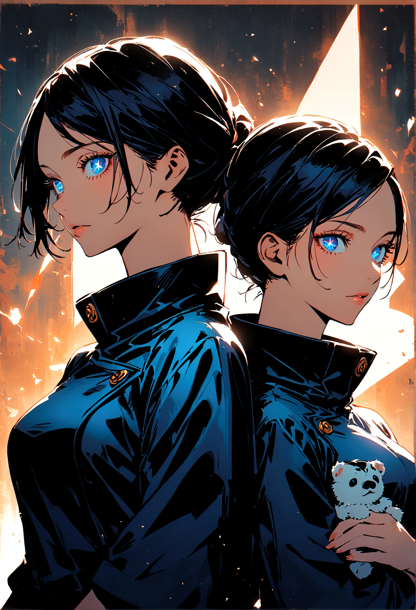 (2 girls,jujutsu kaisen),twins, girl one holding a stuff animals, girl two holding a sword in one hand and a gun in another, starry eye design, same height, matching outfit, artwork