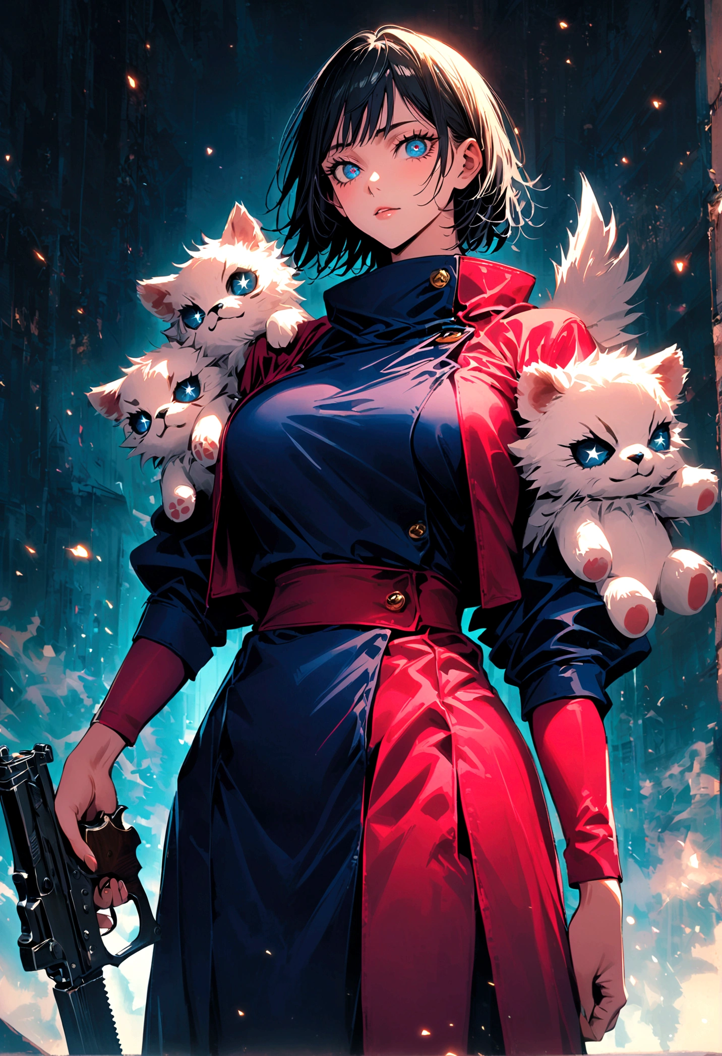 (2 girls,jujutsu kaisen),twins, girl one holding a stuff animals, girl two holding a sword in one hand and a gun in another, starry eye design, same height, matching outfit, artwork