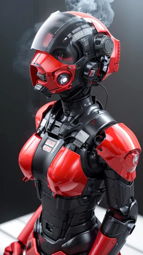 Close-up of a red and black robot emitting smoke from its mouth, High-tech red armor, Sci-Fi Suit, SF Android Female, Futuristic clothing and helmets, red and black robotic parts, Girl wearing mecha cyber armor, Super-smart female android, Retro-futuristic female android, SF Women, scifi character