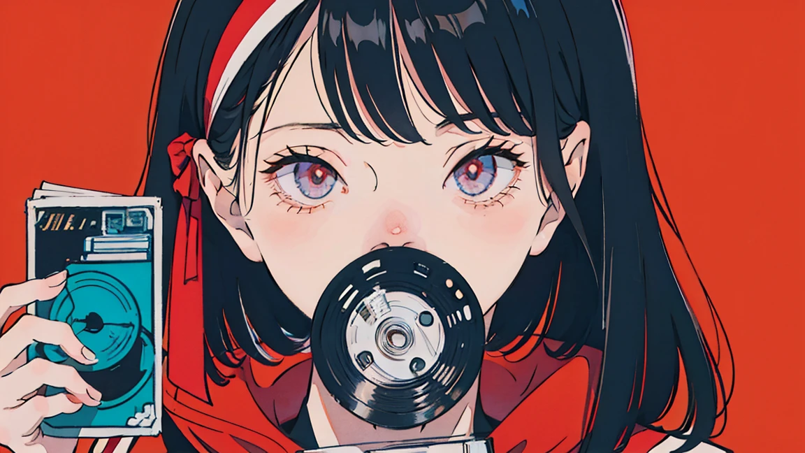 A picture of a girl in anime style holding a cassette tape. The girl has big eyes, black hair, and wears a red hairband. The cassette tape is red and she holds it up in front of her face. The background is simple and the main focus is on the girl and the cassette tape.