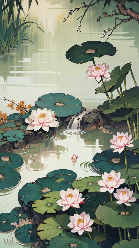 ((best quality, masterpiece: 1.2)), CG, 8K, Intricate details, view, (nobody around), (Chinese garden), pond filled with lotus Flowers, rock, Flowers, bamboo forest, fall, Forest region, A small bridge across a babbling stream, detailed foliage and Flowers, (Sunshine, Sparkling waves), Peaceful atmosphere, ((Soft and elegant colors)), ((Carefully crafted works))