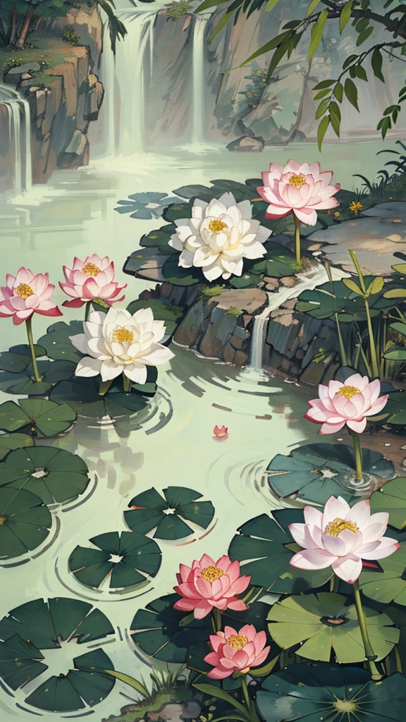 ((best quality, masterpiece: 1.2)), CG, 8K, Intricate details, view, (nobody around), (Chinese garden), pond filled with lotus Flowers, rock, Flowers, bamboo forest, fall, Forest region, A small bridge across a babbling stream, detailed foliage and Flowers, (Sunshine, Sparkling waves), Peaceful atmosphere, ((Soft and elegant colors)), ((Carefully crafted works))