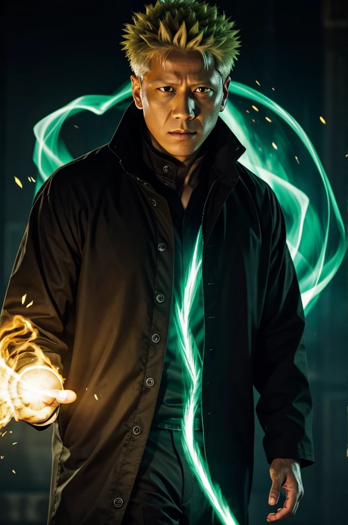 Therapy for jujutsu Kaisen, with eyes illuminated with green fire, closed black jacket with collar up to the top