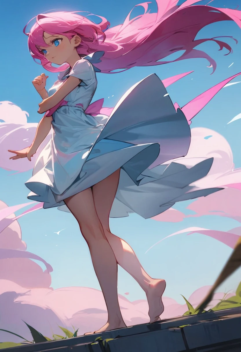 A pink-headed, blue-eyed girl takes off her dress.