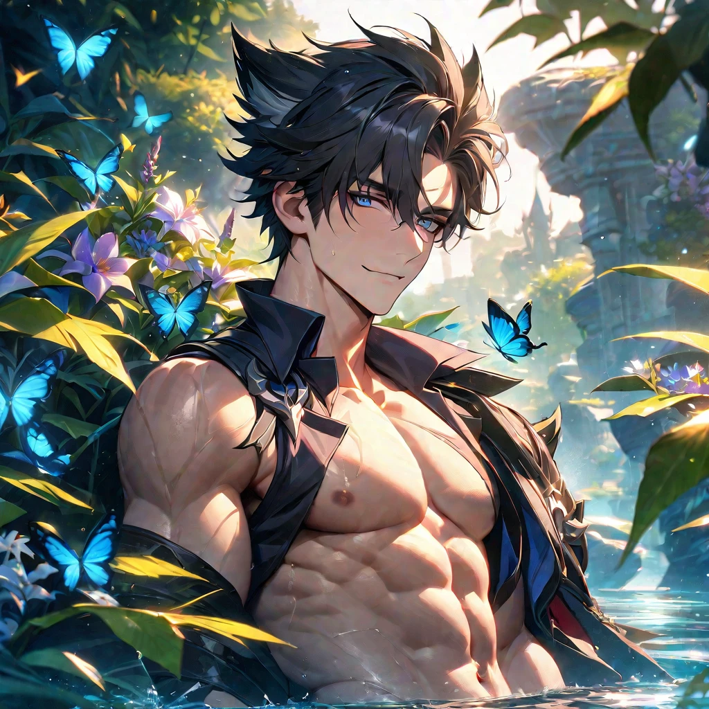 absurdres, highres, ultra detailed, HDR, master piece, best quality, extremely detailed face, Wriothesley, black hair, expressive gray-blue eyes, Genshin Impact, solo, sexy man, handsome, handsome smile, bare chest, toned chest, without shirt, fantasy, magical, butterflies, summer, green leaves, flowers, water