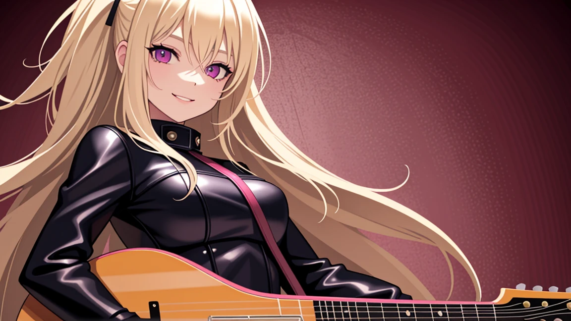 adult woman, pink eyes, long blonde hair, black leather, smile, guitar, 4k hd