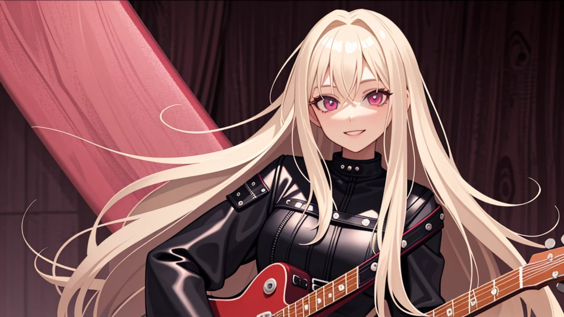adult woman, pink eyes, long blonde hair, black leather, smile, guitar, 4k hd