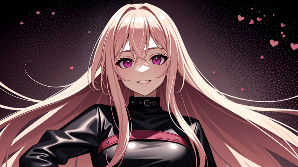 adult woman, pink eyes, long blonde hair, black leather, smile, guitar, 4k hd