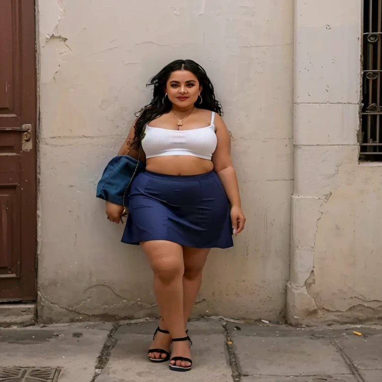 araffe woman in a white top and blue skirt standing in front of a wall, wearing a sexy cropped top, wearing a camisole and shorts, wearing crop top and miniskirt, 30-year-old woman from cuba, wearing a tanktop and skirt, wearing crop top, bra and shorts streetwear, dressed in a top and shorts